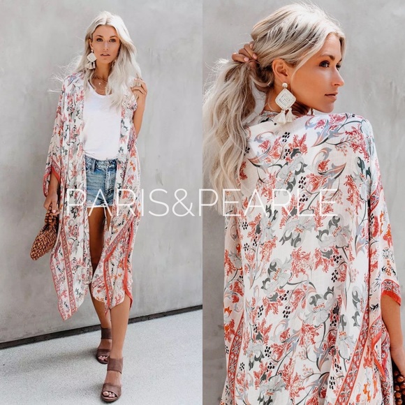 Tops - Picnic Date Tangerine & Sage Floral Kimono Top